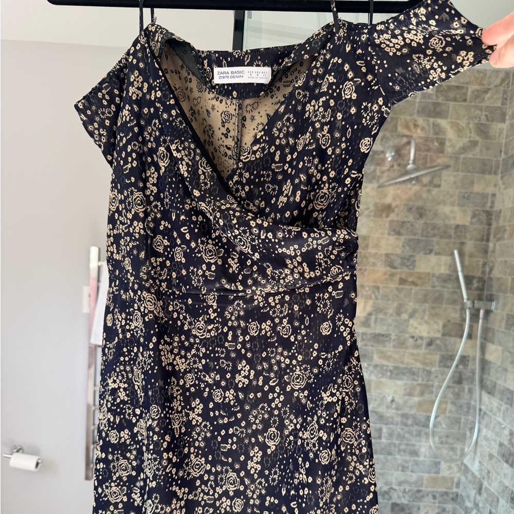 Zara Navy and Cream Off Shoulder Floral Mini Dress